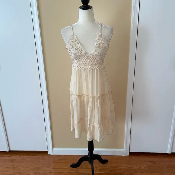 Beige Crochet Top Backless Mini Beach Coverup Dress - Picture 4 of 11